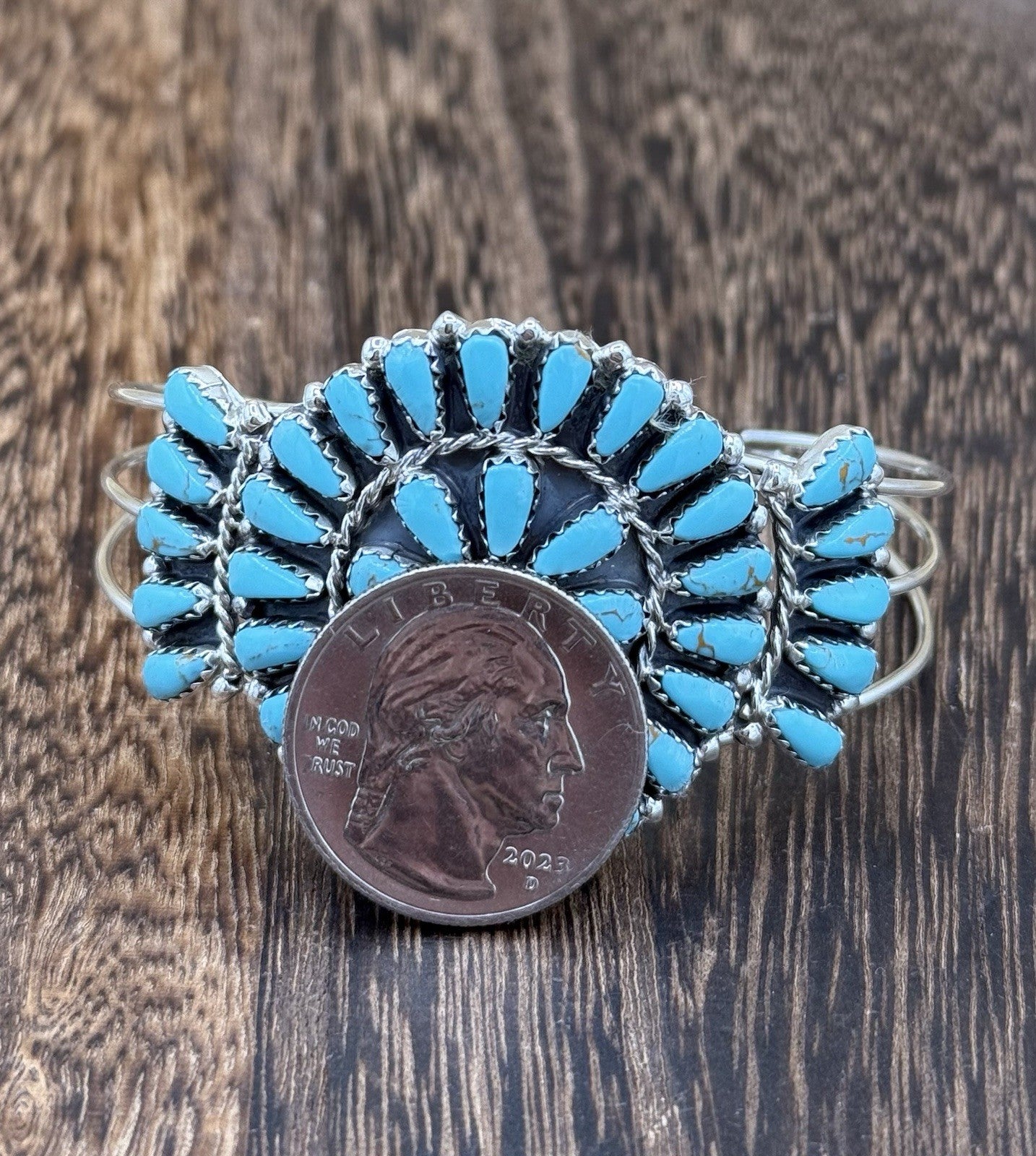 Native American Navajo Handmade Sterling Silver Turquoise Cluster Cuff Bracelet