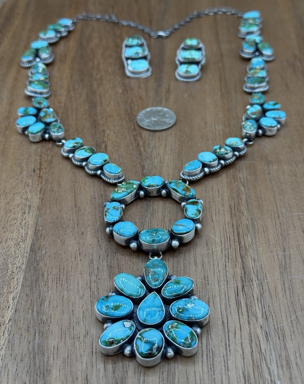 Navajo Handmade Sterling Silver Sonoran Gold Turquoise Cluster Lariat Necklace