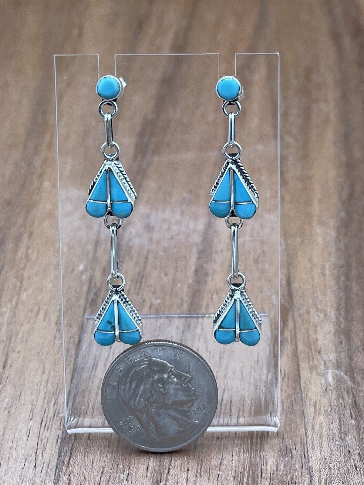 Native American Zuni Handmade Silver Inlay Turquoise Post Dangle Drop Earrings