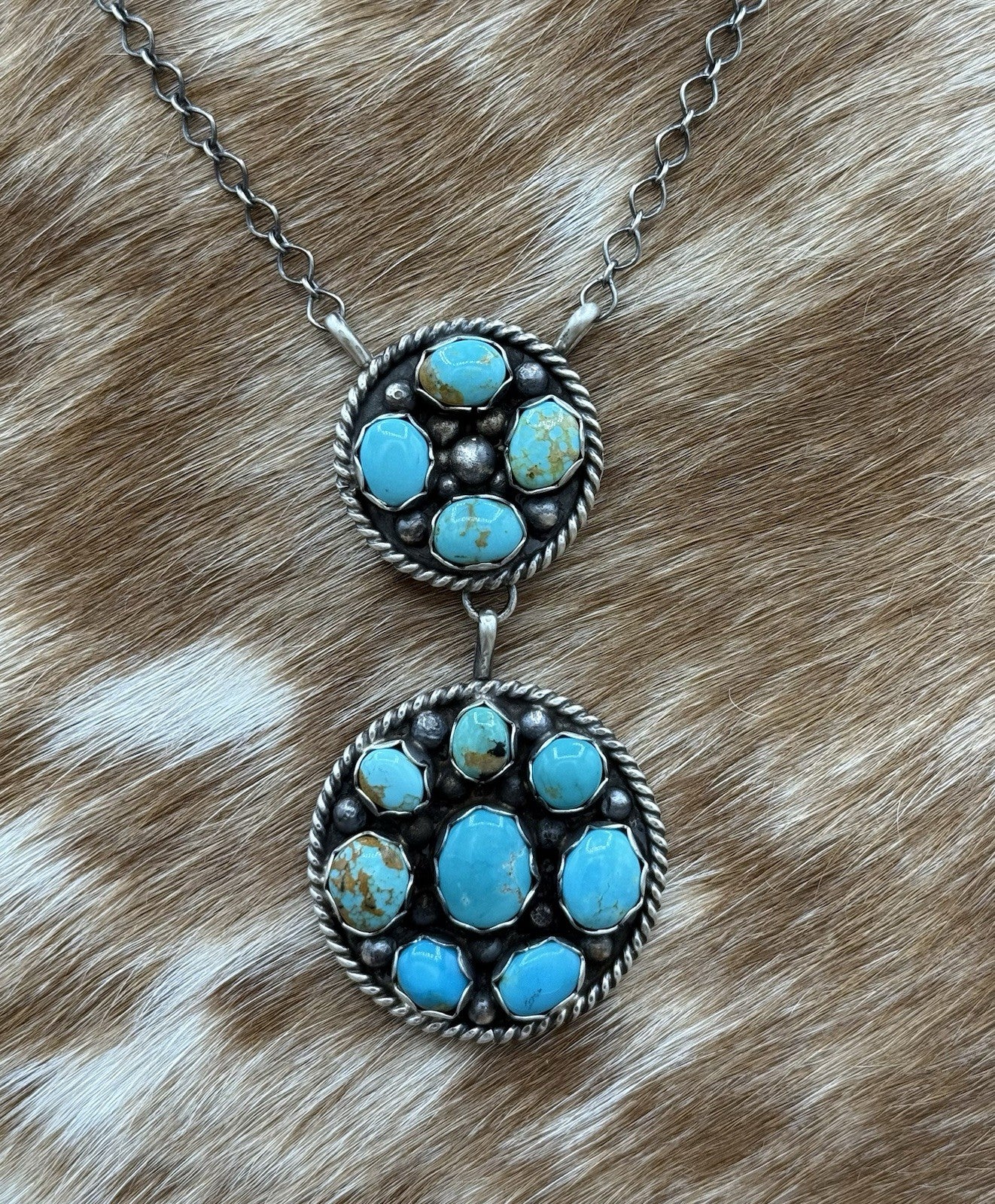 Navajo Handmade Sterling Silver Kingman Turquoise Cluster Bar Necklace 18”