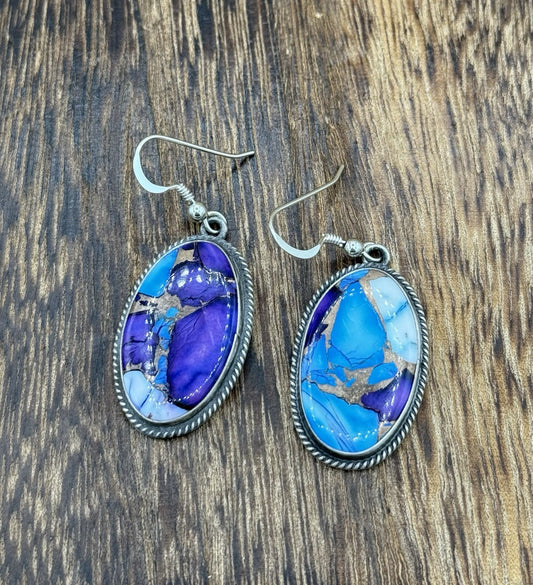 Navajo Handmade Sterling Silver Violet Rose & Blue Dahlia Dangle Drop Earrings