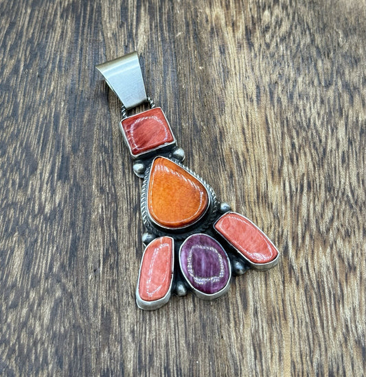 Native Navajo Handmade Sterling Silver Multi Spiny Oyster Shell Cluster Pendant
