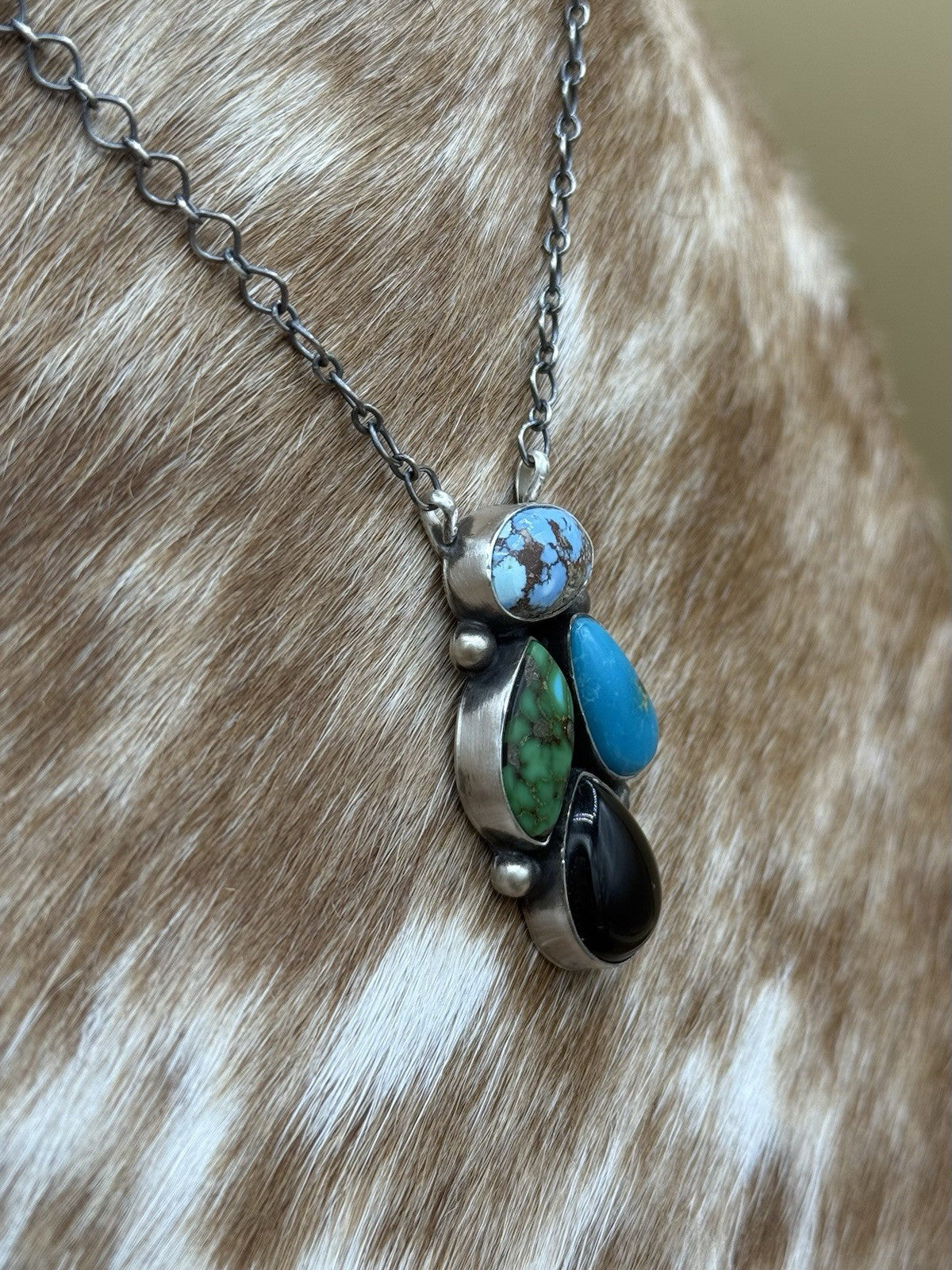 Navajo Handmade Sterling Silver Multicolor Turquoise Cluster Bar Necklace 18”