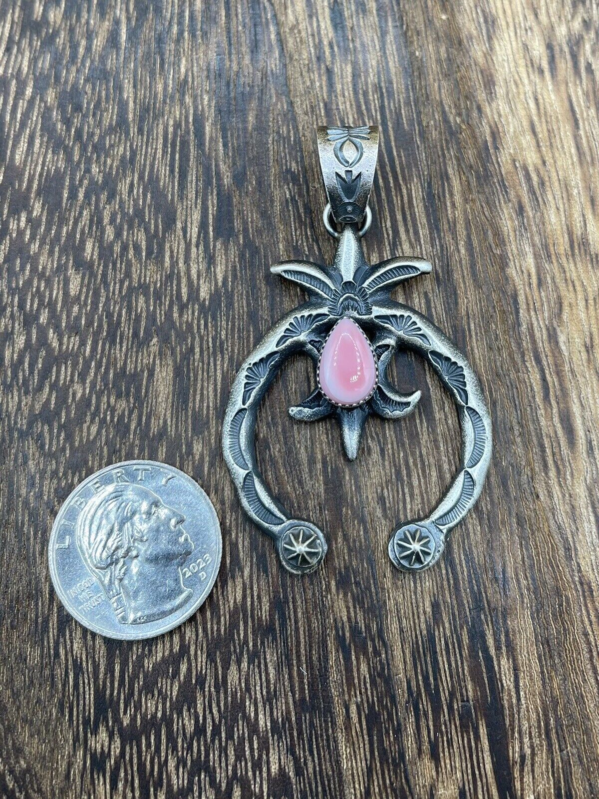 Native American Indian  Navajo Handmade Silver Old Look Pink Concho Naja Pendant