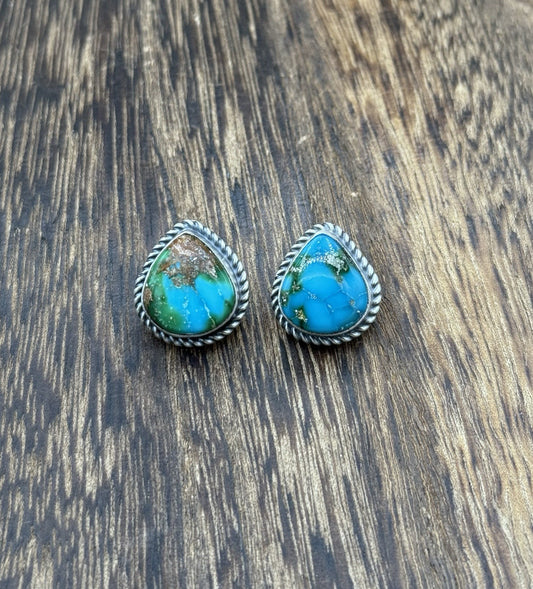 Navajo Handmade Sterling Silver Sonoran Gold Turquoise Post Stud Earrings