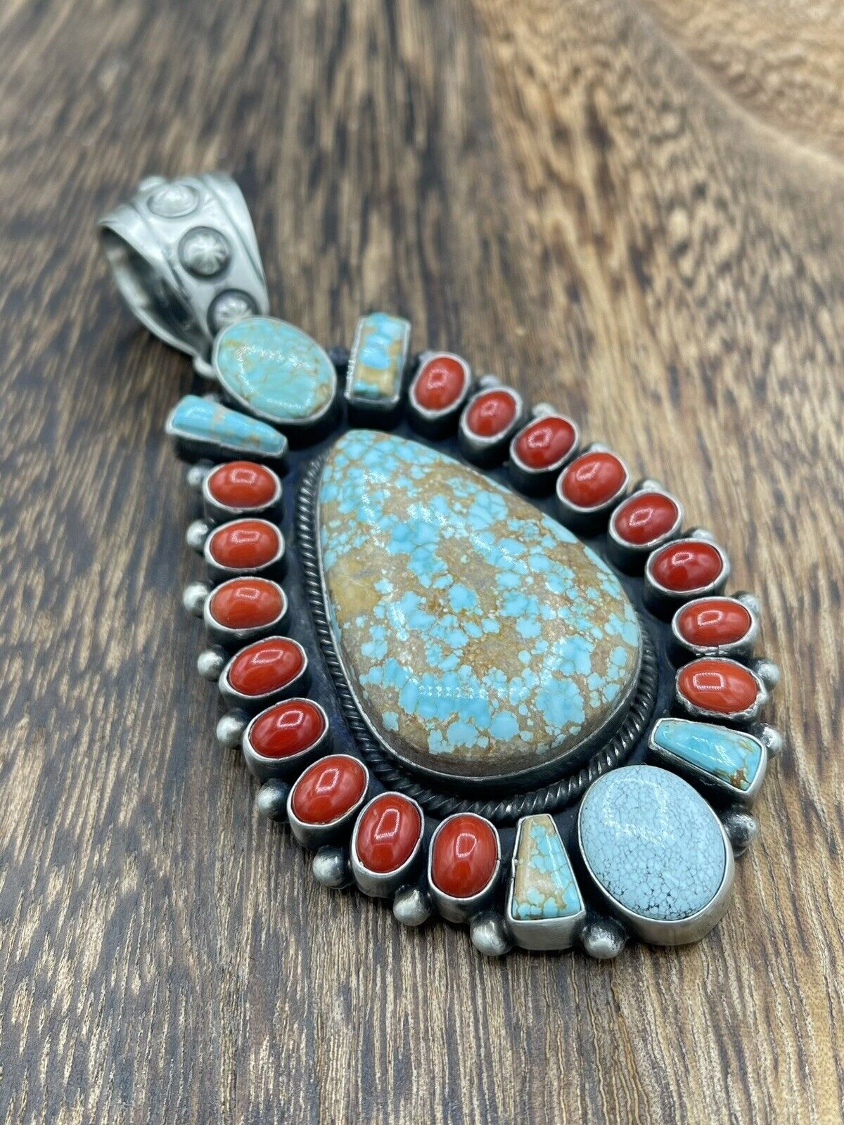 Native American Indian Navajo Handmade Silver Turquoise & Coral Cluster Pendant