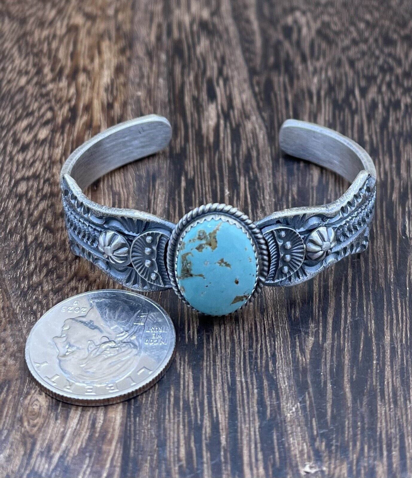 Native American Navajo Handmade Silver Kingman Turquoise Old look Bracelet