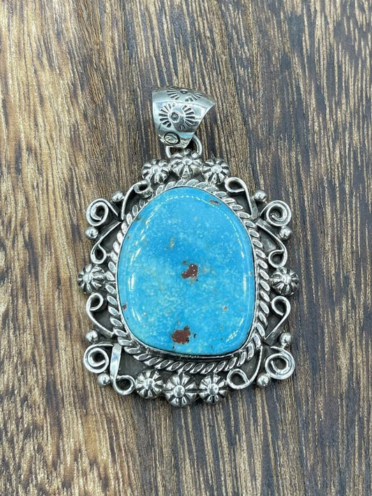 Native American Sterling Silver Navajo Handmade Natural Turquoise Pendant