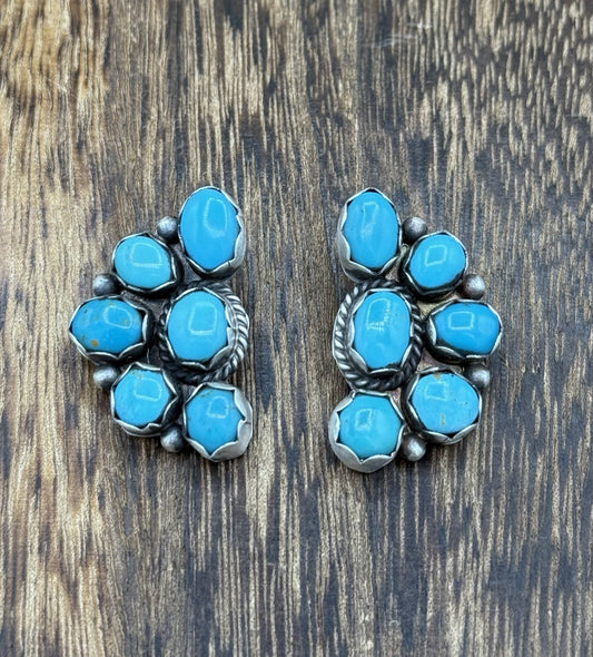 Navajo Handmade Sterling Silver Kingman Turquoise Half Cluster Post Earrings
