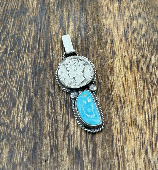 Navajo Handmade Sterling Silver Royston Turquoise Liberty Dime Coin Pendant