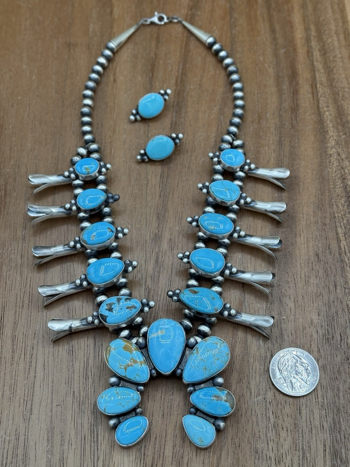 Navajo Handmade Sterling Silver Kingman Turquoise Squash Blossom Necklace 20”