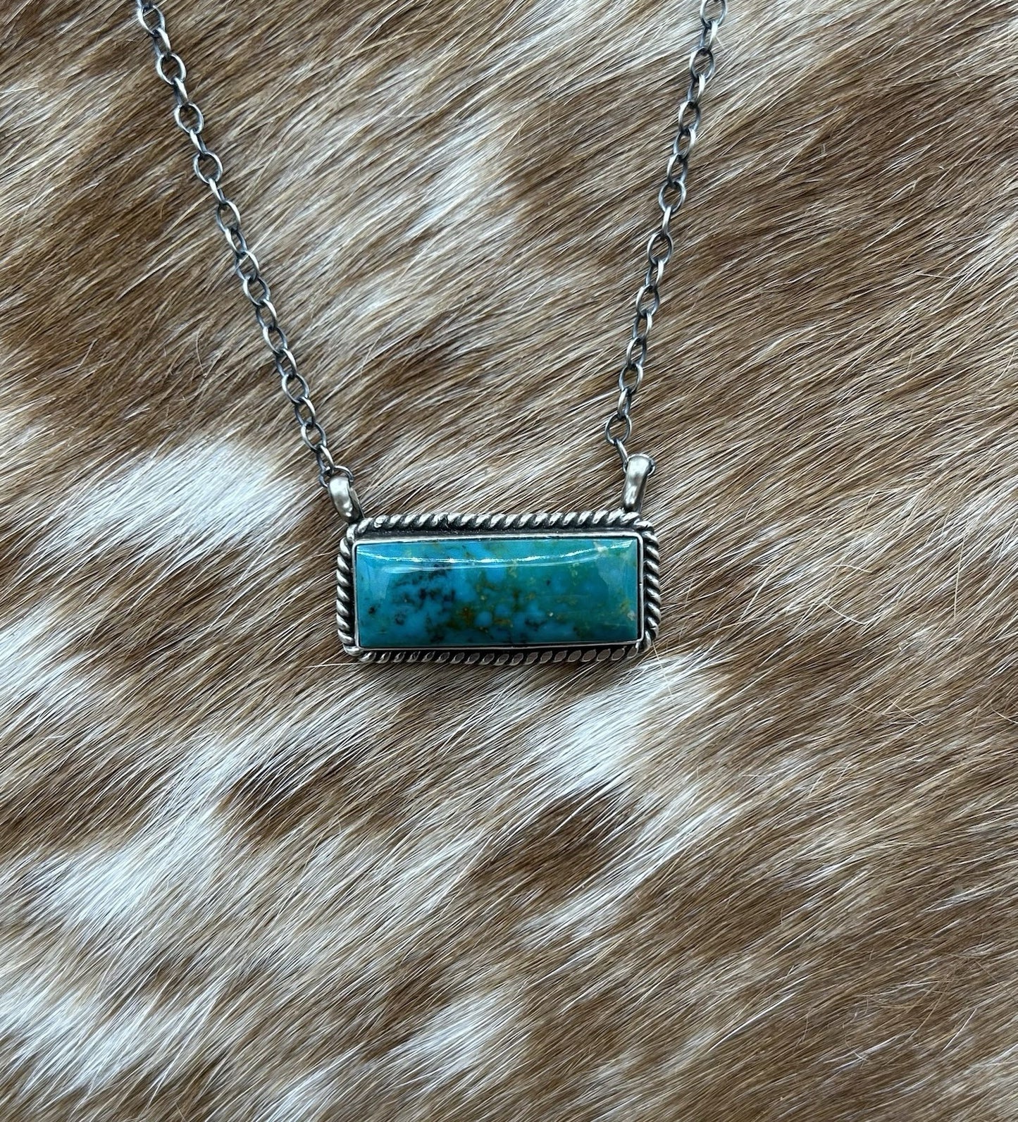 Navajo Handmade Sterling Silver Kingman Turquoise Bar Necklace 16”