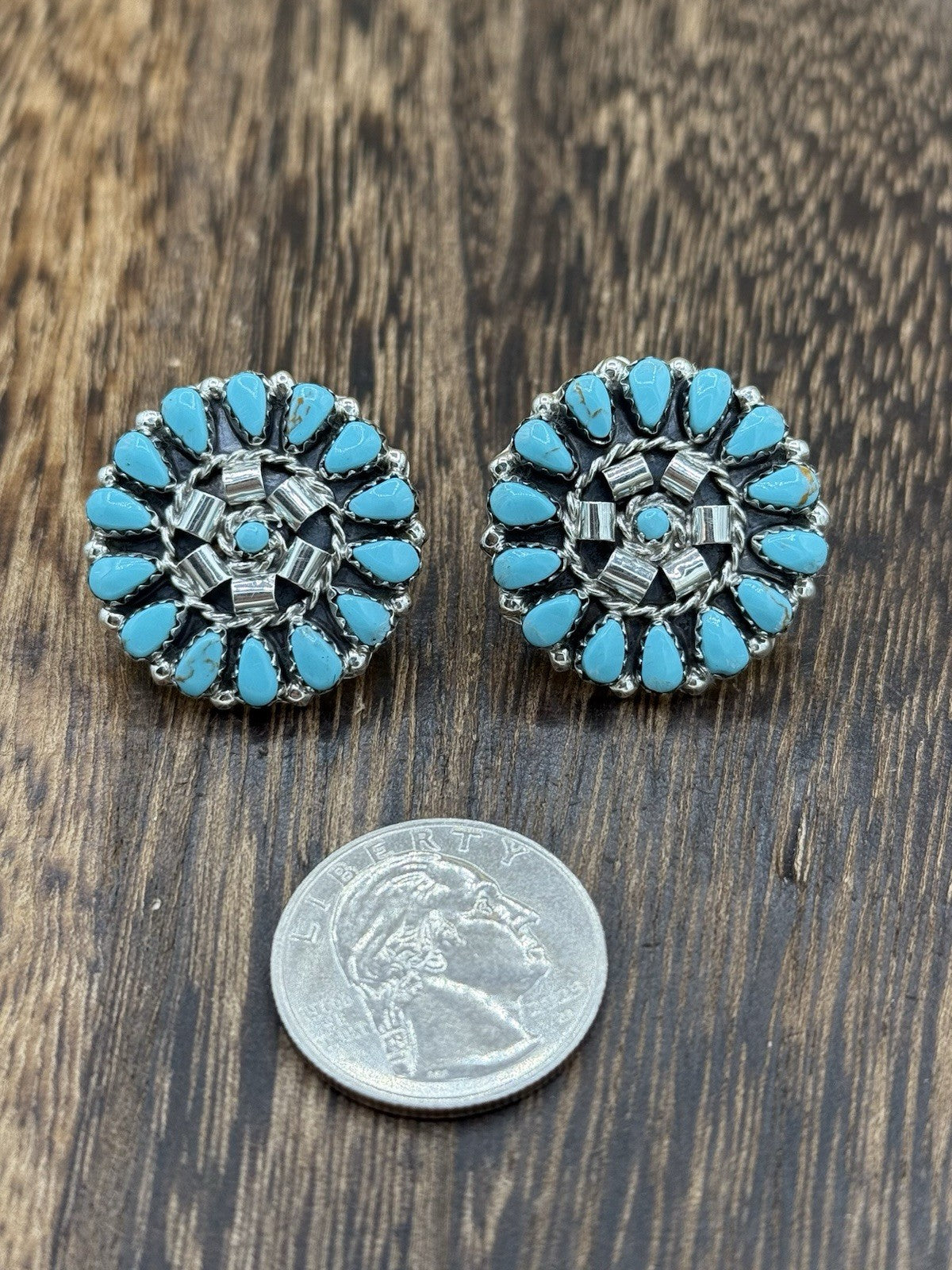 Native American Navajo Handmade Sterling Silver Turquoise Cluster Post earrings