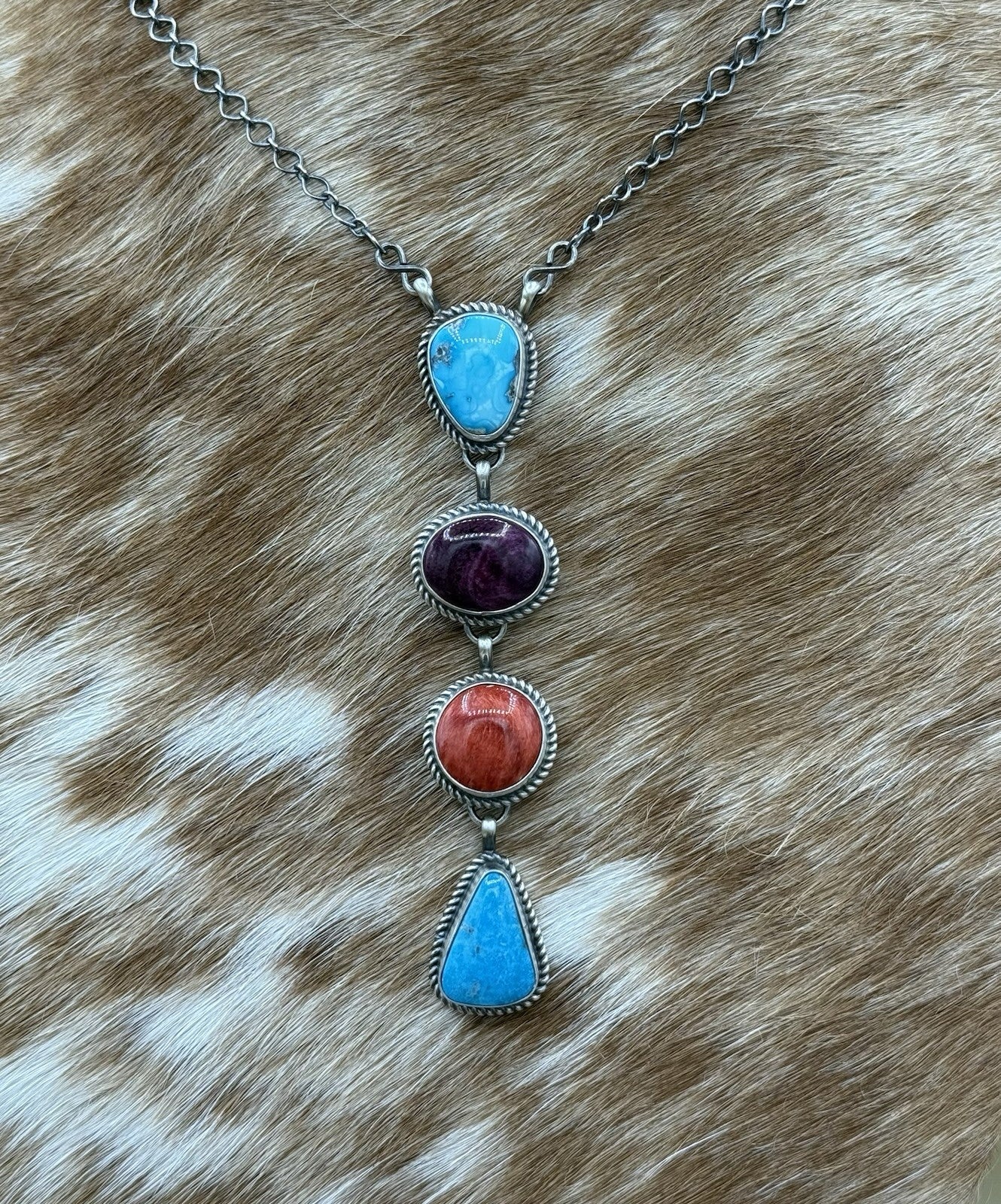 Navajo Handmade Sterling Silver Multi Color Mixed Stone Lariat Necklace 18”