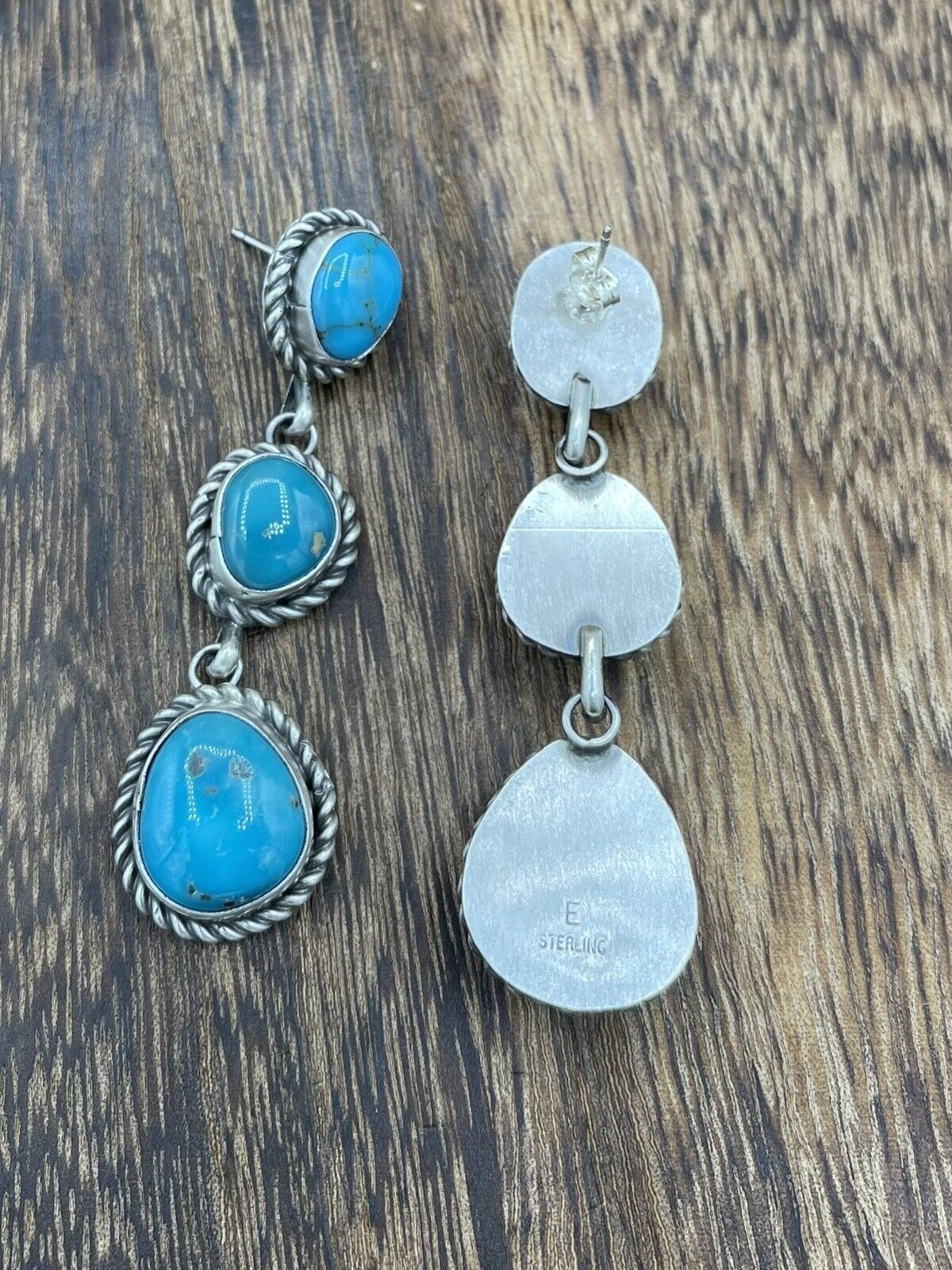 Native American Sterling Silver Navajo Handmade Turquoise Post Dangle Earrings