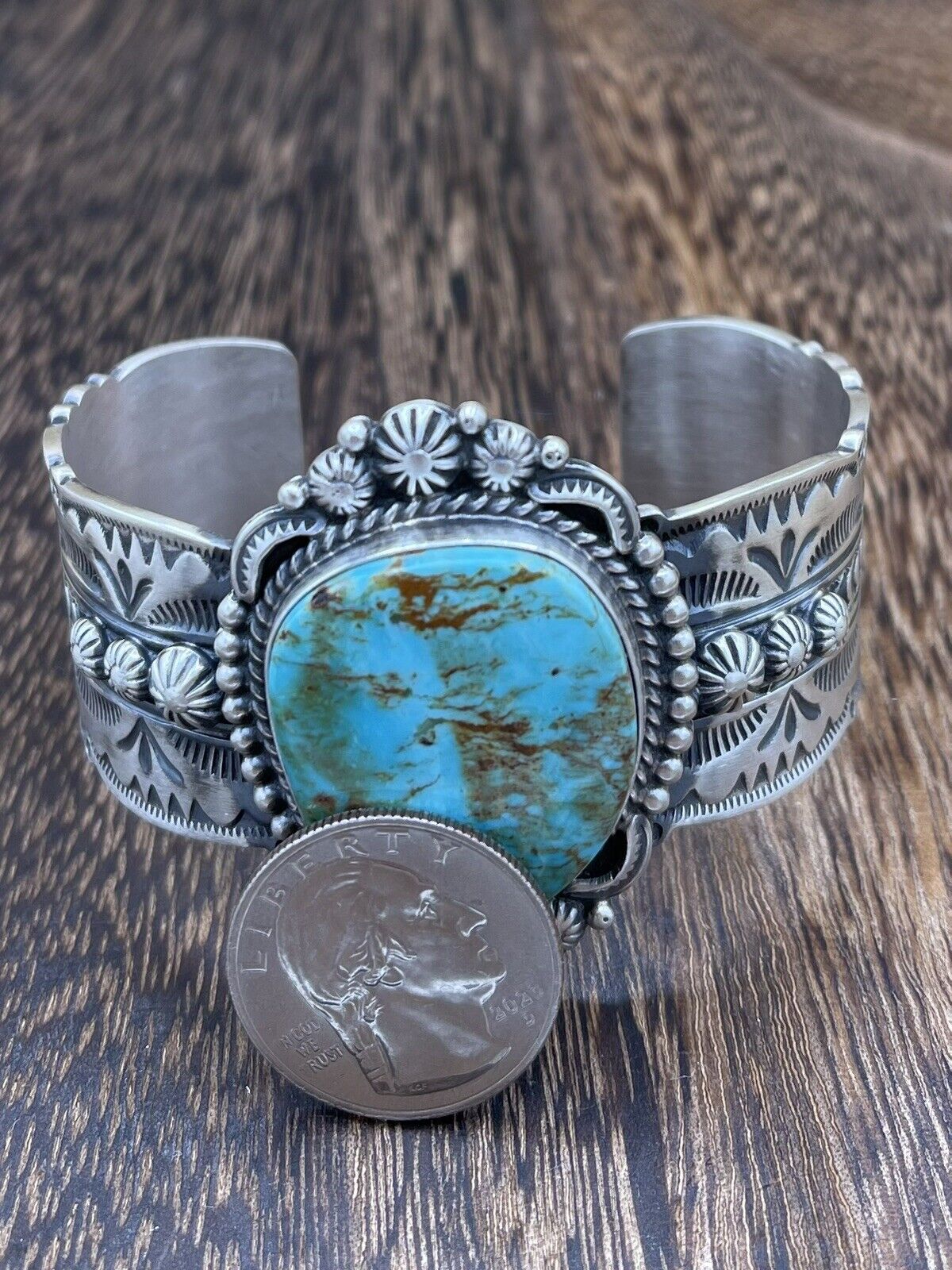 Native American Navajo Handmade Silver Kingman Turquoise Cuff Bracelet Bennie R.