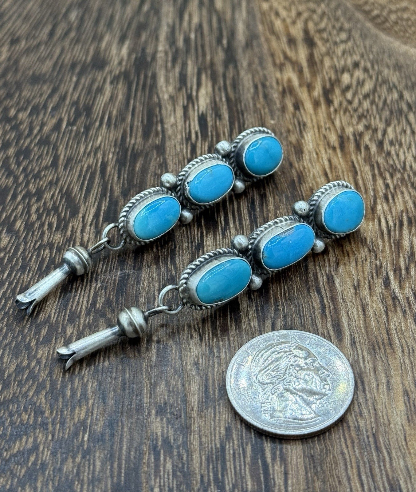 Navajo Handmade Sterling Silver Kingman Turquoise Blossom Post Dangle Earrings