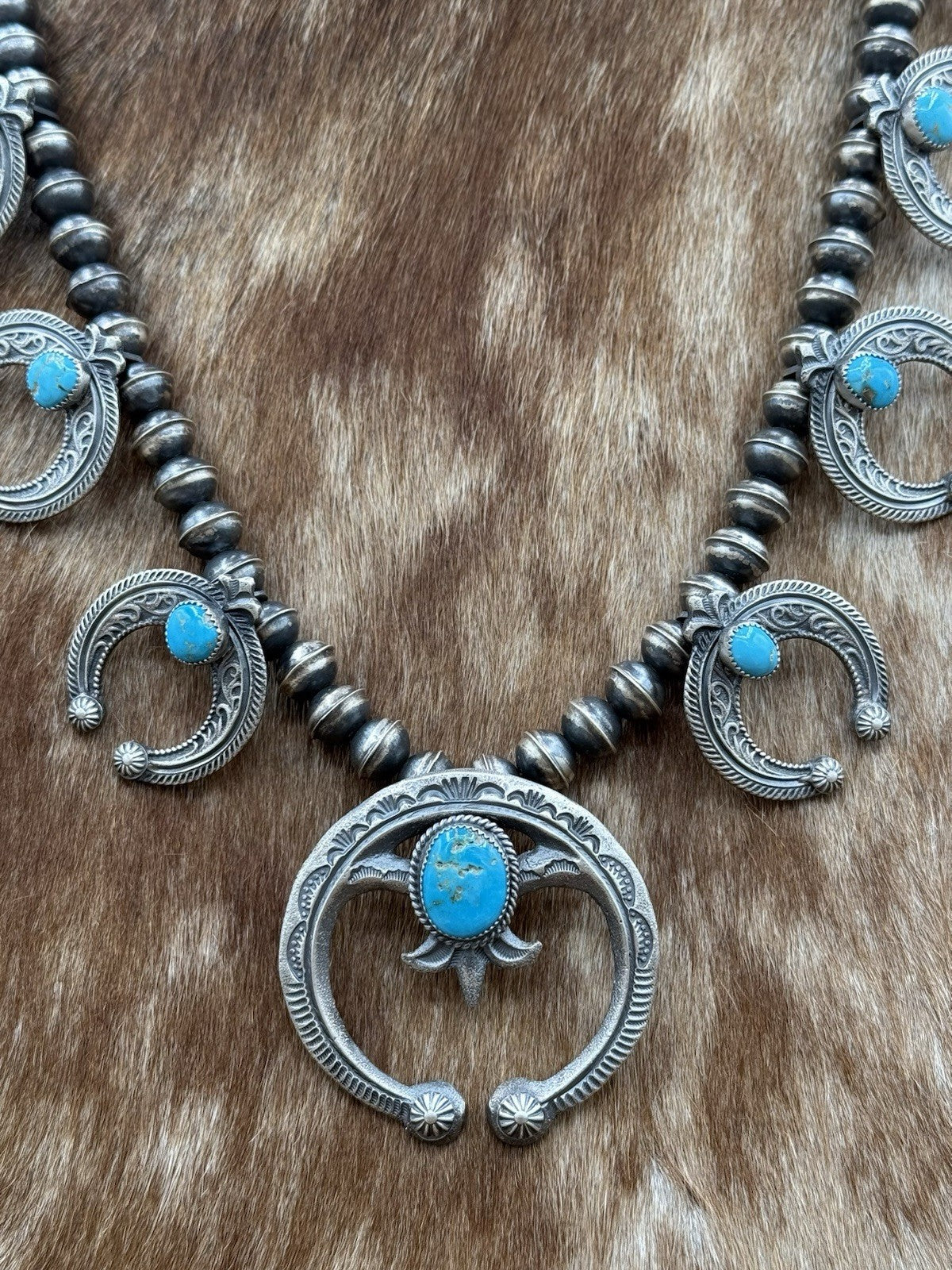 Navajo Handmade Sterling Silver Kingman Turquoise Squash Blossom Set By Kevin B.