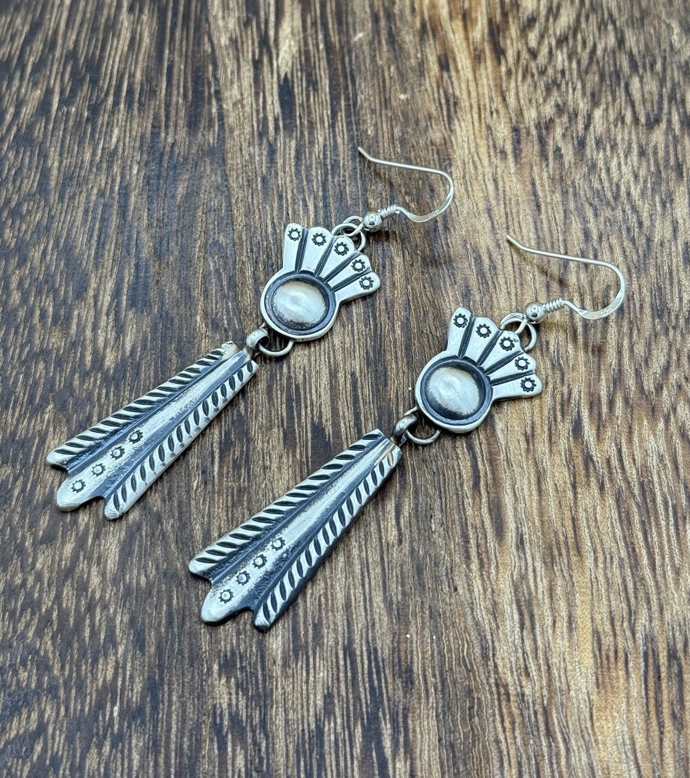 Navajo Handmade Sterling Silver Old Look Stamped Concho Design Dangle Earrings