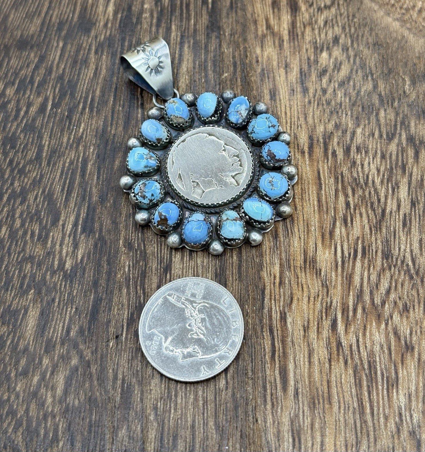 Navajo Handmade Sterling Silver Golden Hills Turquoise Cluster Coin Pendant