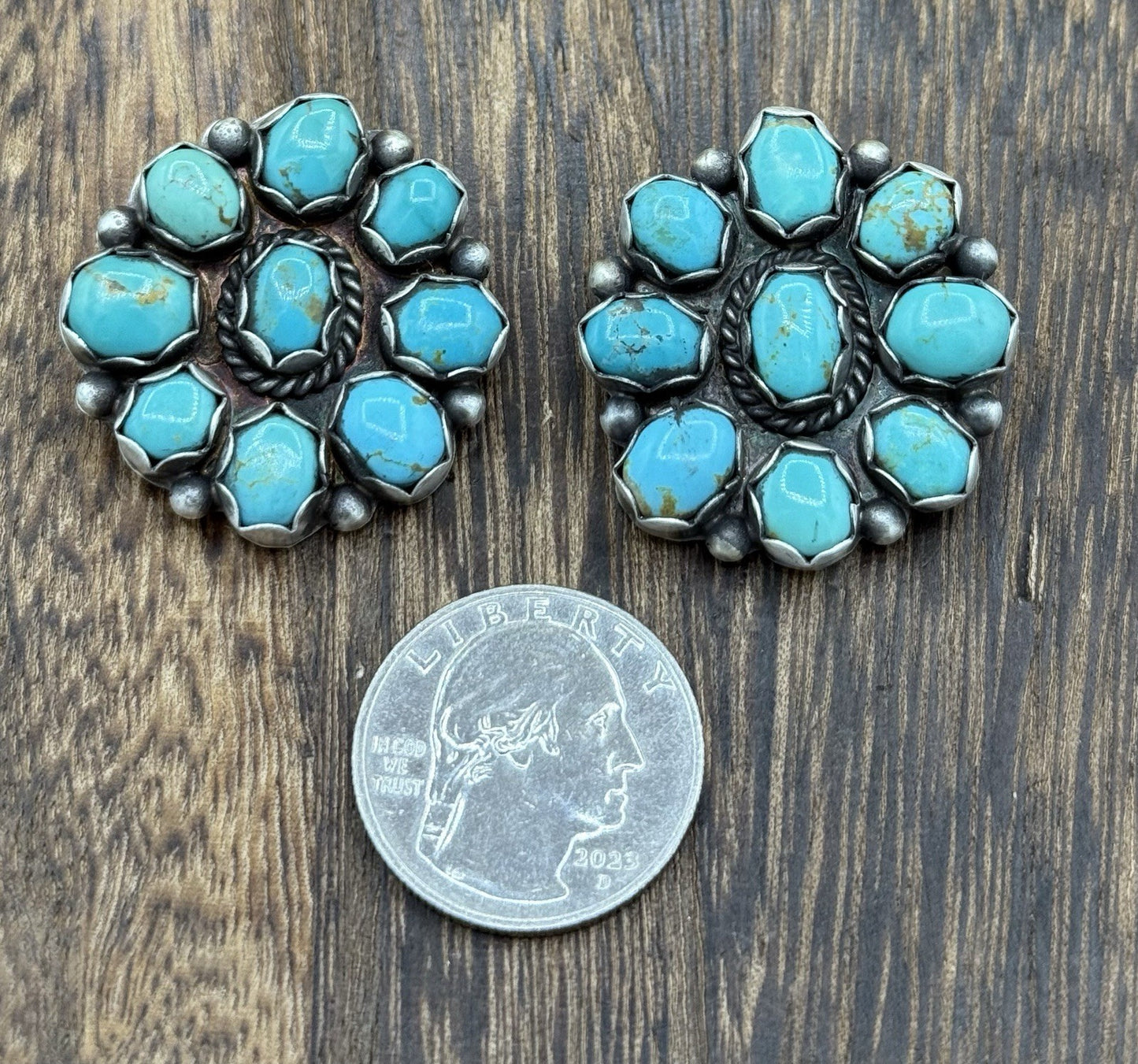 Native Navajo Handmade Sterling Silver Kingman Turquoise Cluster Post Earrings