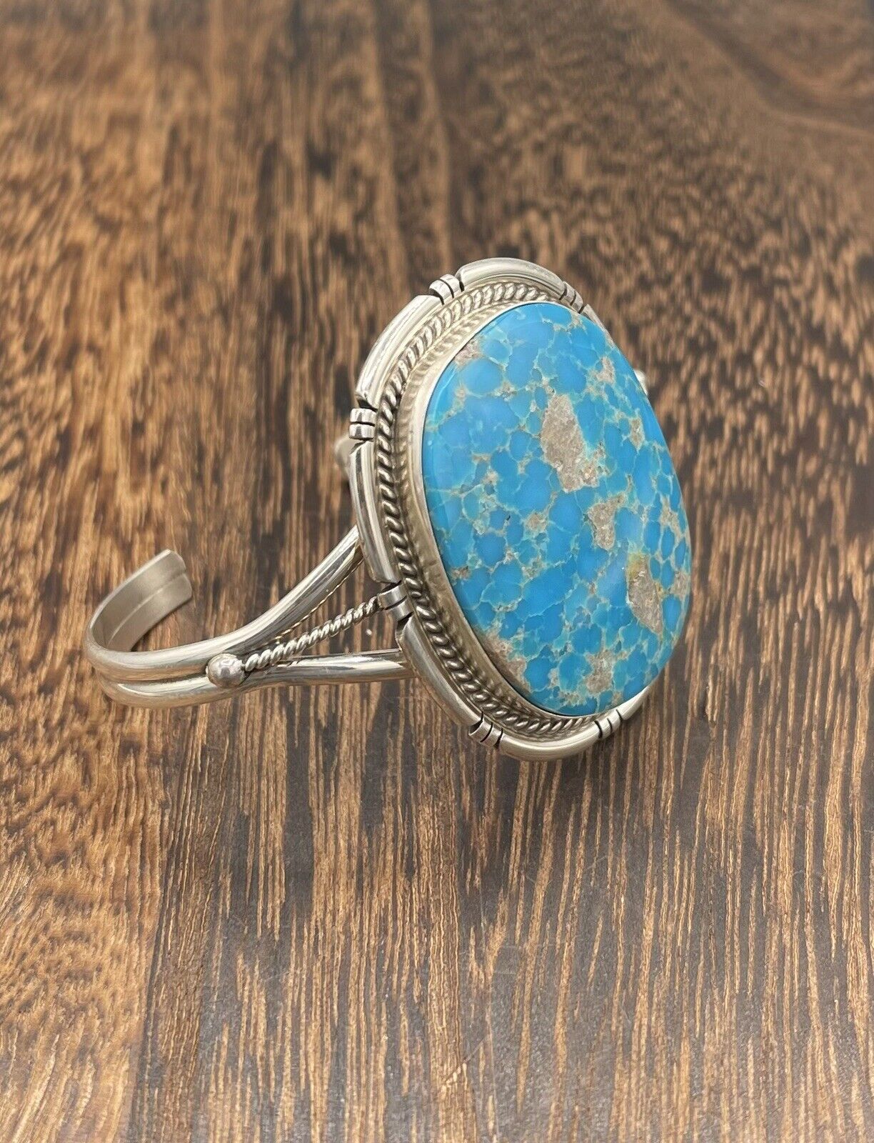 Native American Sterling Silver Navajo Handmade Kingman Turquoise Cuff Bracelet