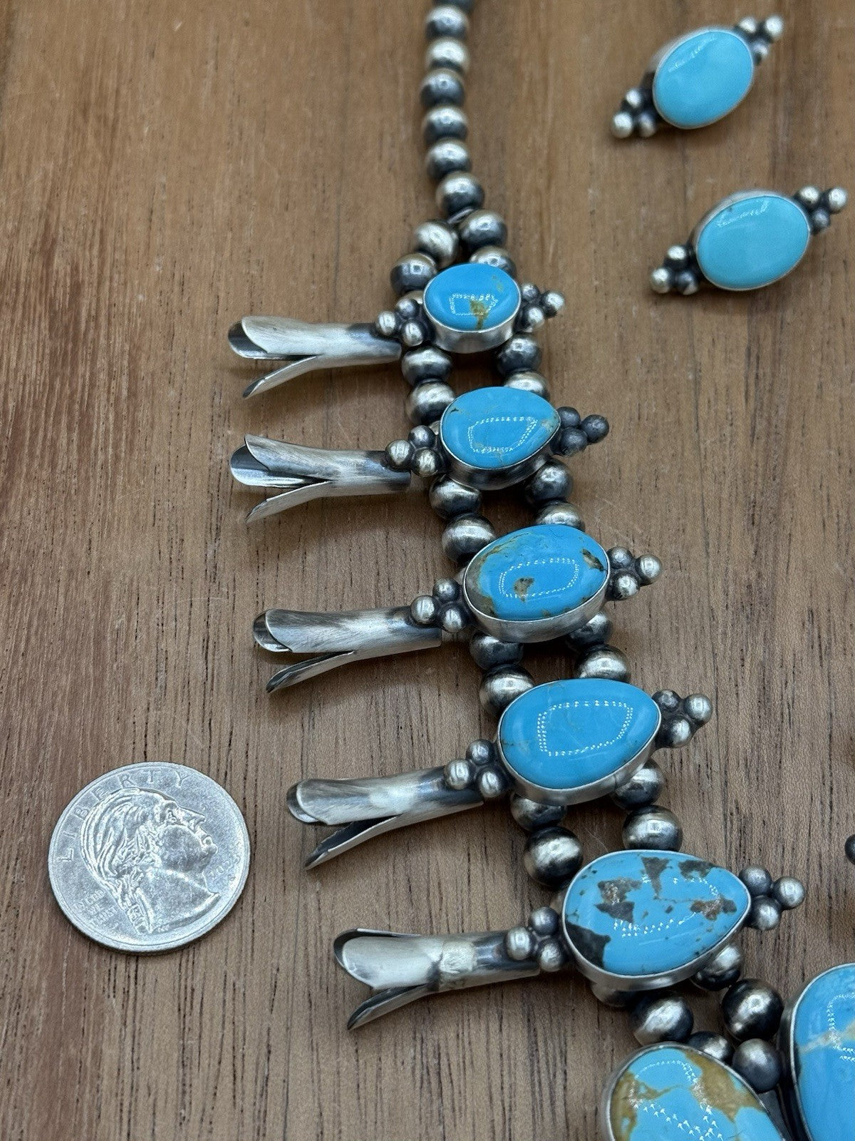 Navajo Handmade Sterling Silver Kingman Turquoise Squash Blossom Necklace 20”