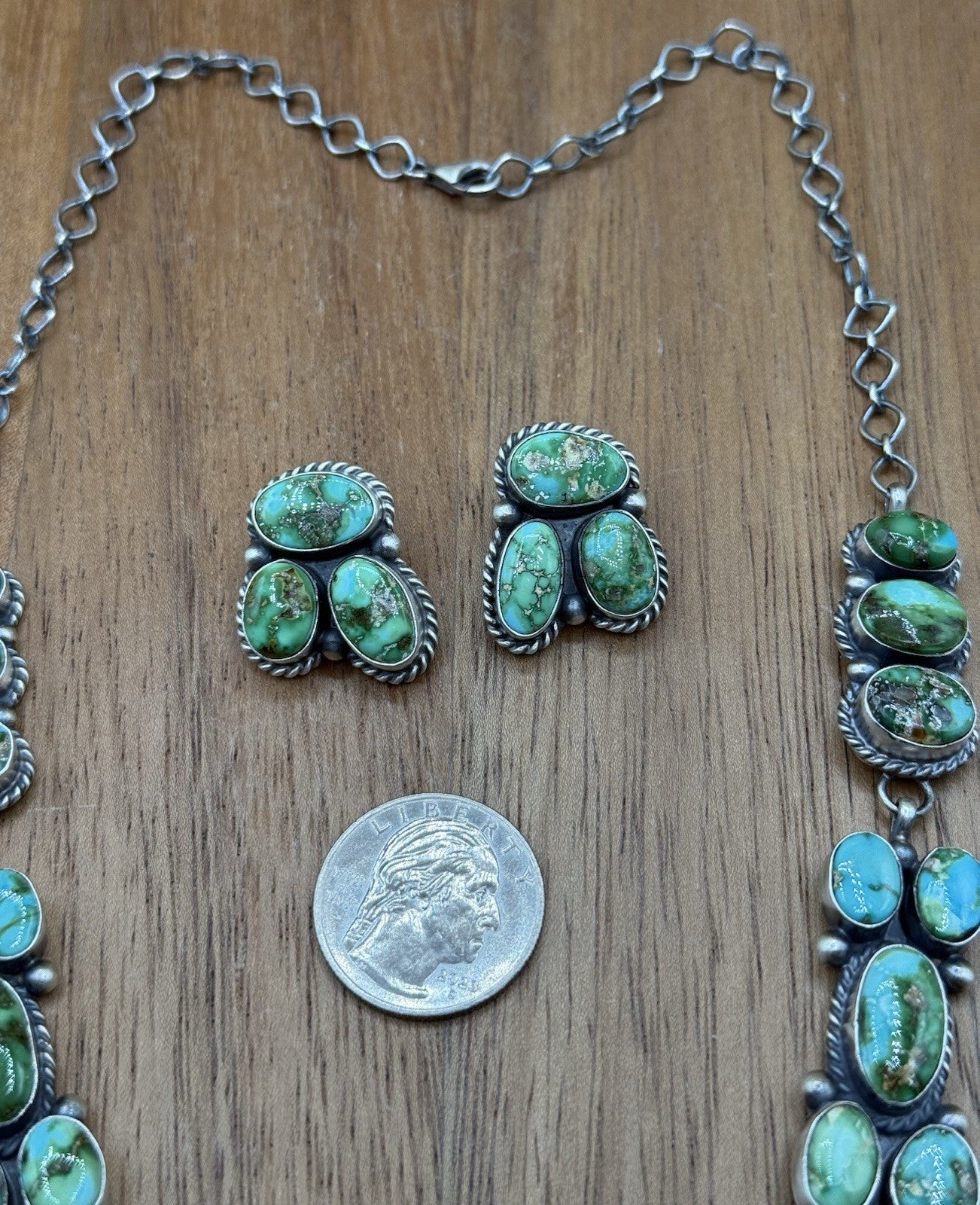 Navajo Handmade Sterling Silver Sonoran Gold Turquoise Cluster Necklace Set 20”