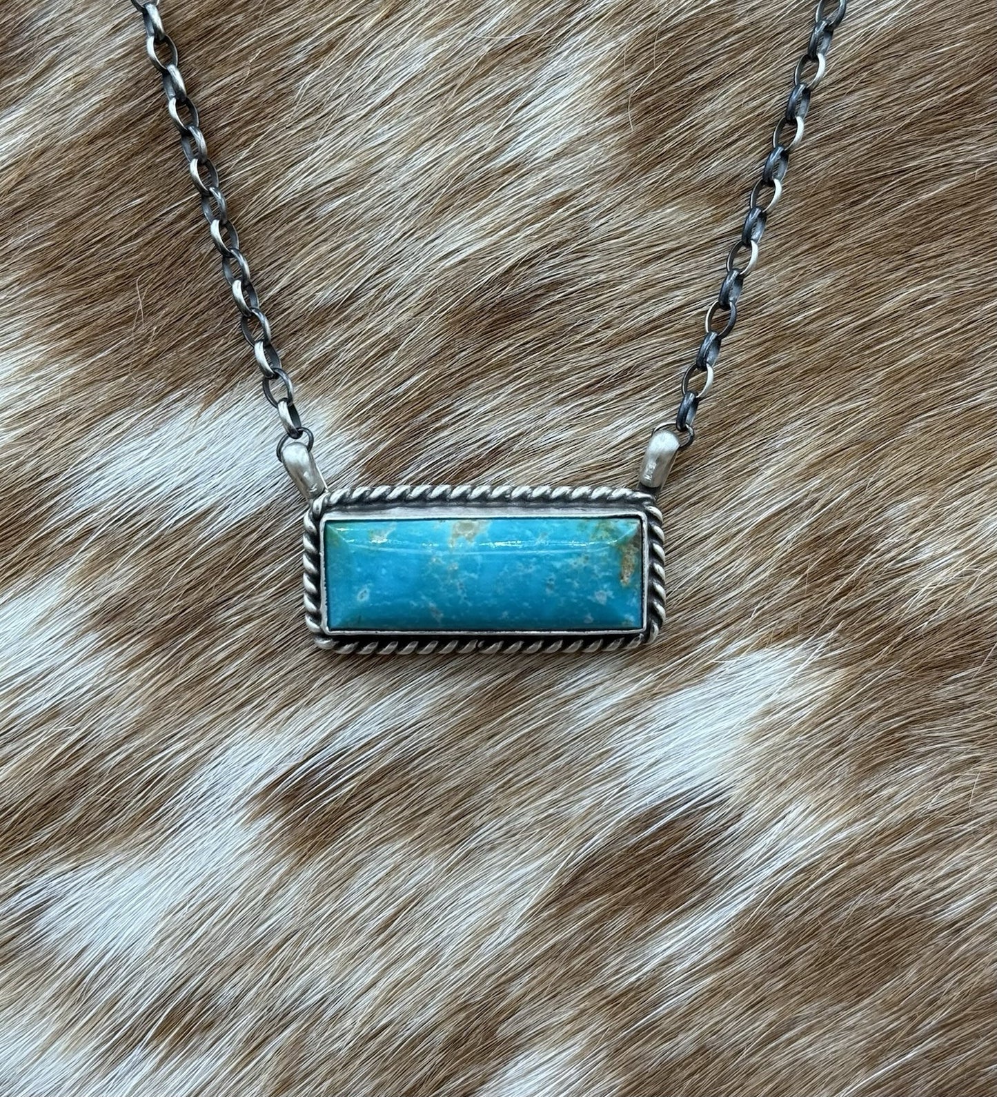 Native Navajo Handmade Sterling Silver Kingman Turquoise Bar Necklace 18”