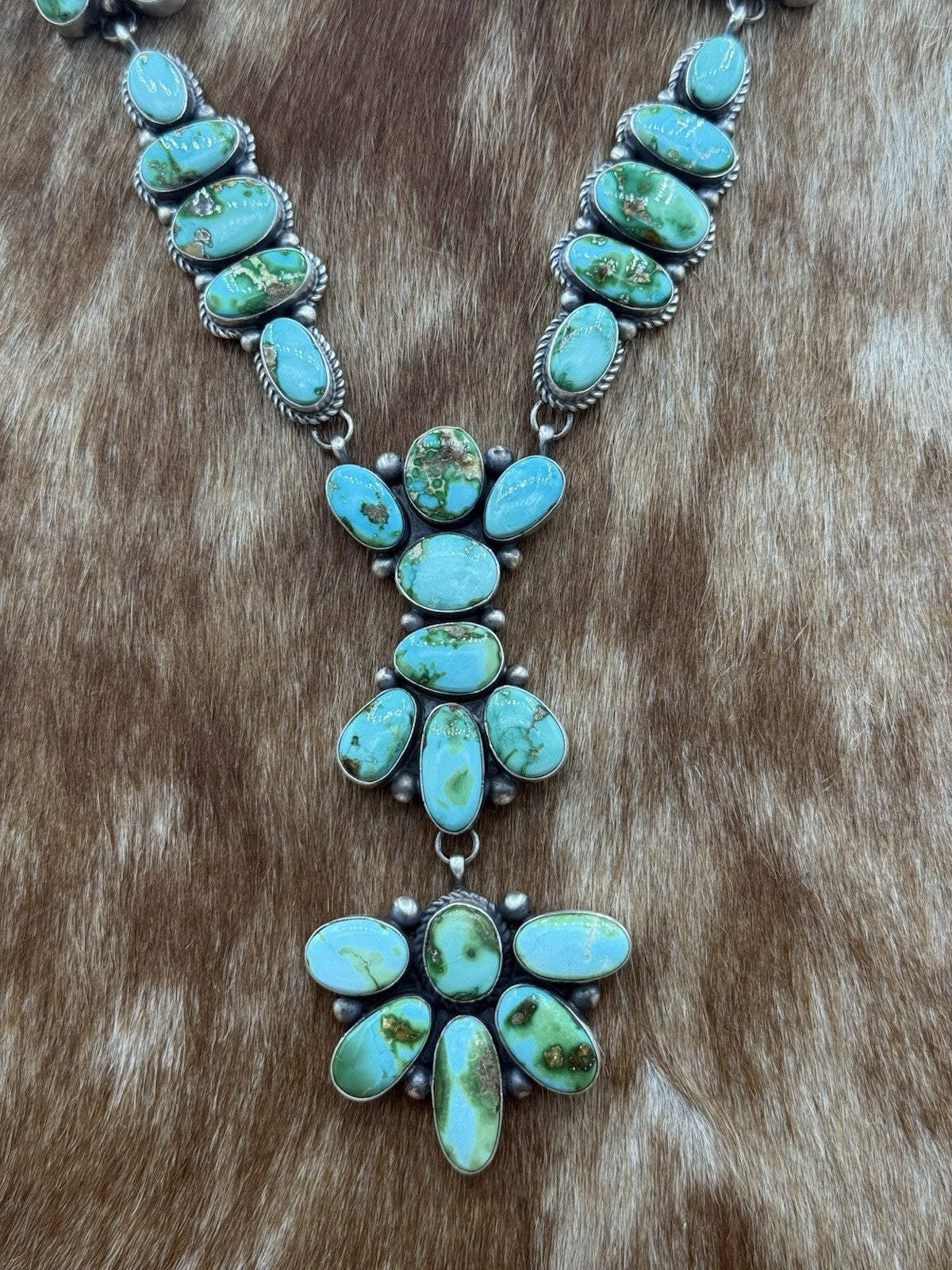 Navajo Handmade Sterling Silver Sonoran Gold Turquoise Cluster Lariat Necklace