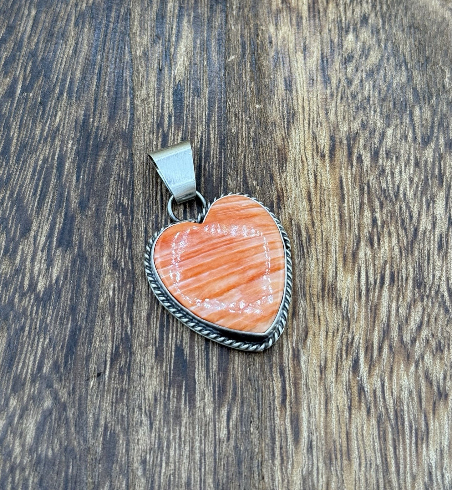 Navajo Handmade Sterling Silver Orange Spiny Oyster Shell Heart Shaped Pendant