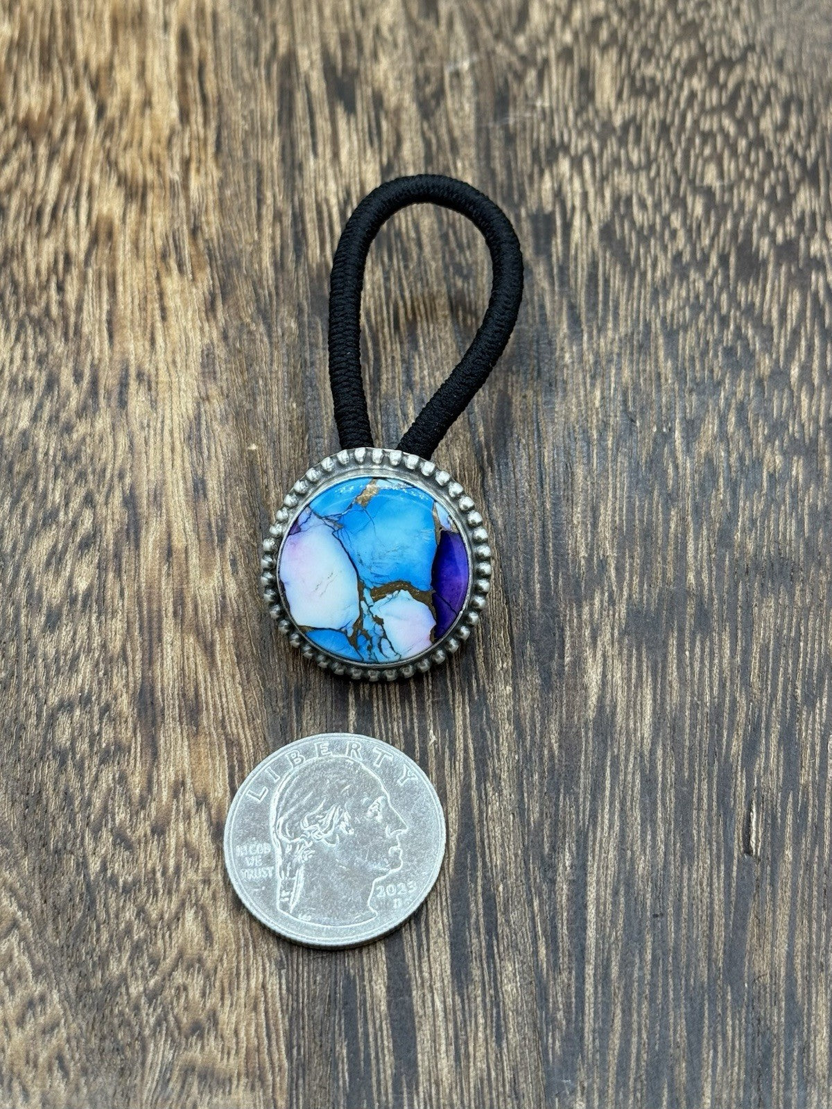 Native Navajo Handmade Sterling Silver Violet Rose & Blue Dahlia Hair Tie