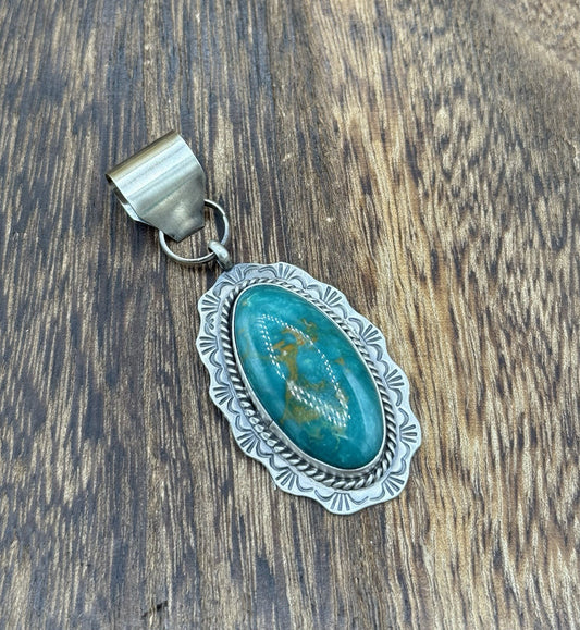 Navajo Handmade Sterling Silver Royston Turquoise Stamped Design Drop Pendant