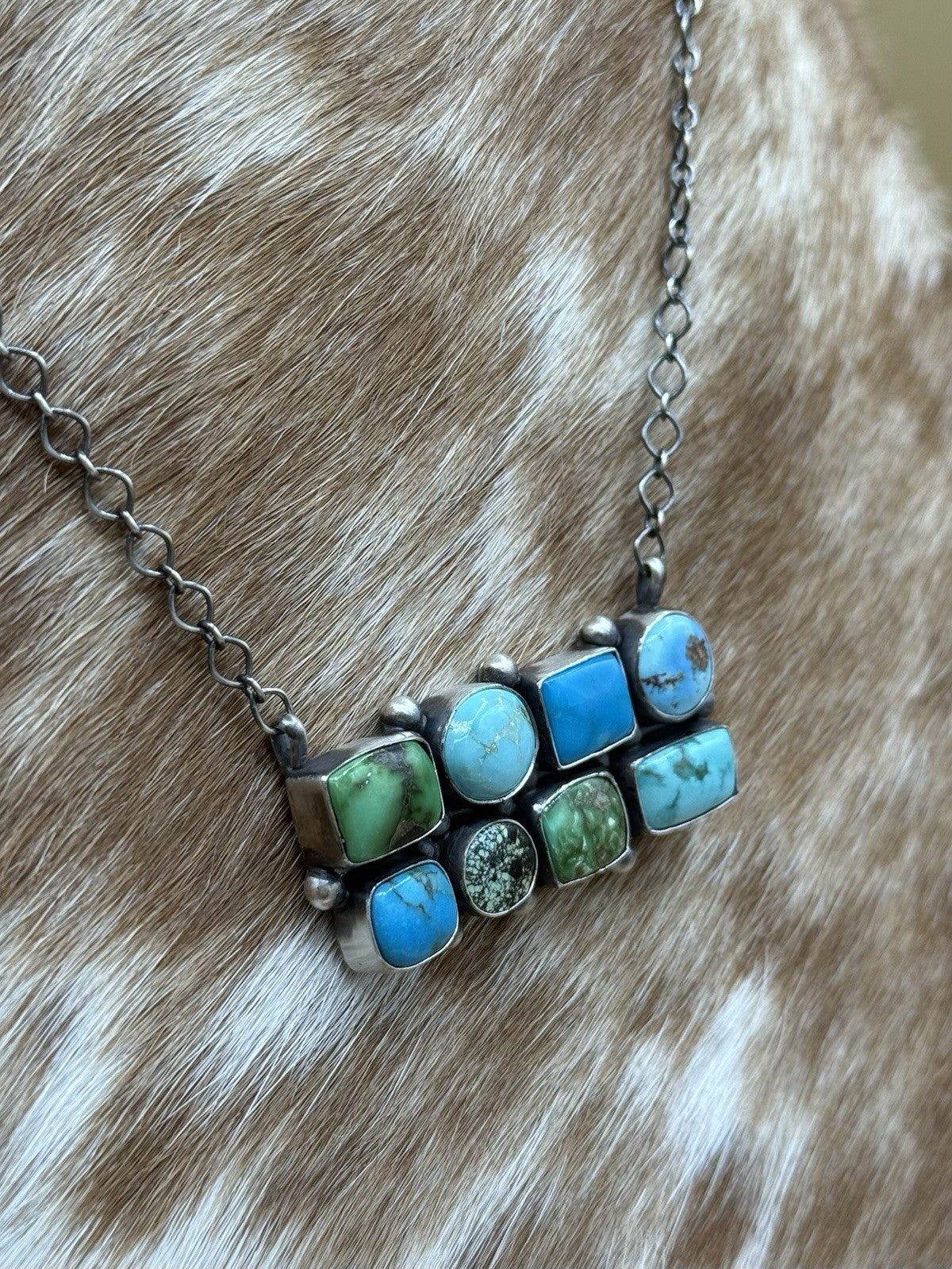 Navajo Handmade Sterling Silver Mixed Stone Turquoise Cluster Bar Necklace 18”