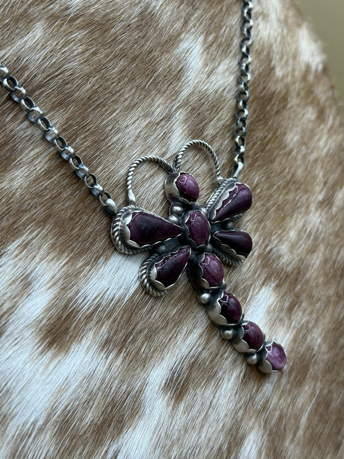 Navajo Handmade Sterling Silver Purple Spiny Oyster Dragonfly Bar Necklace 18”