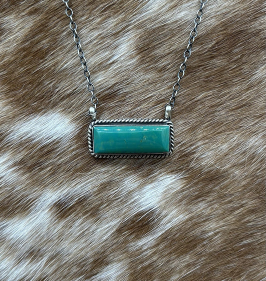 Navajo Handmade Sterling Silver Kingman Turquoise Bar Necklace 16”