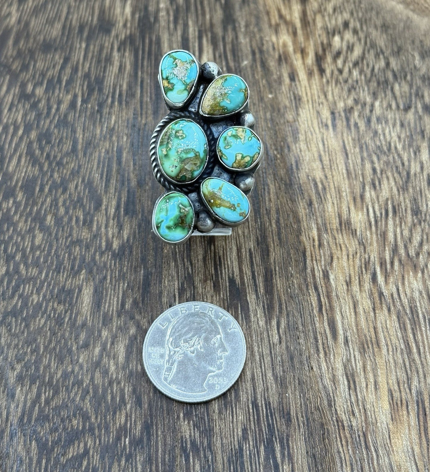 Navajo Handmade Sterling Silver Sonoran Gold Turquoise Half Cluster Ring Size 8