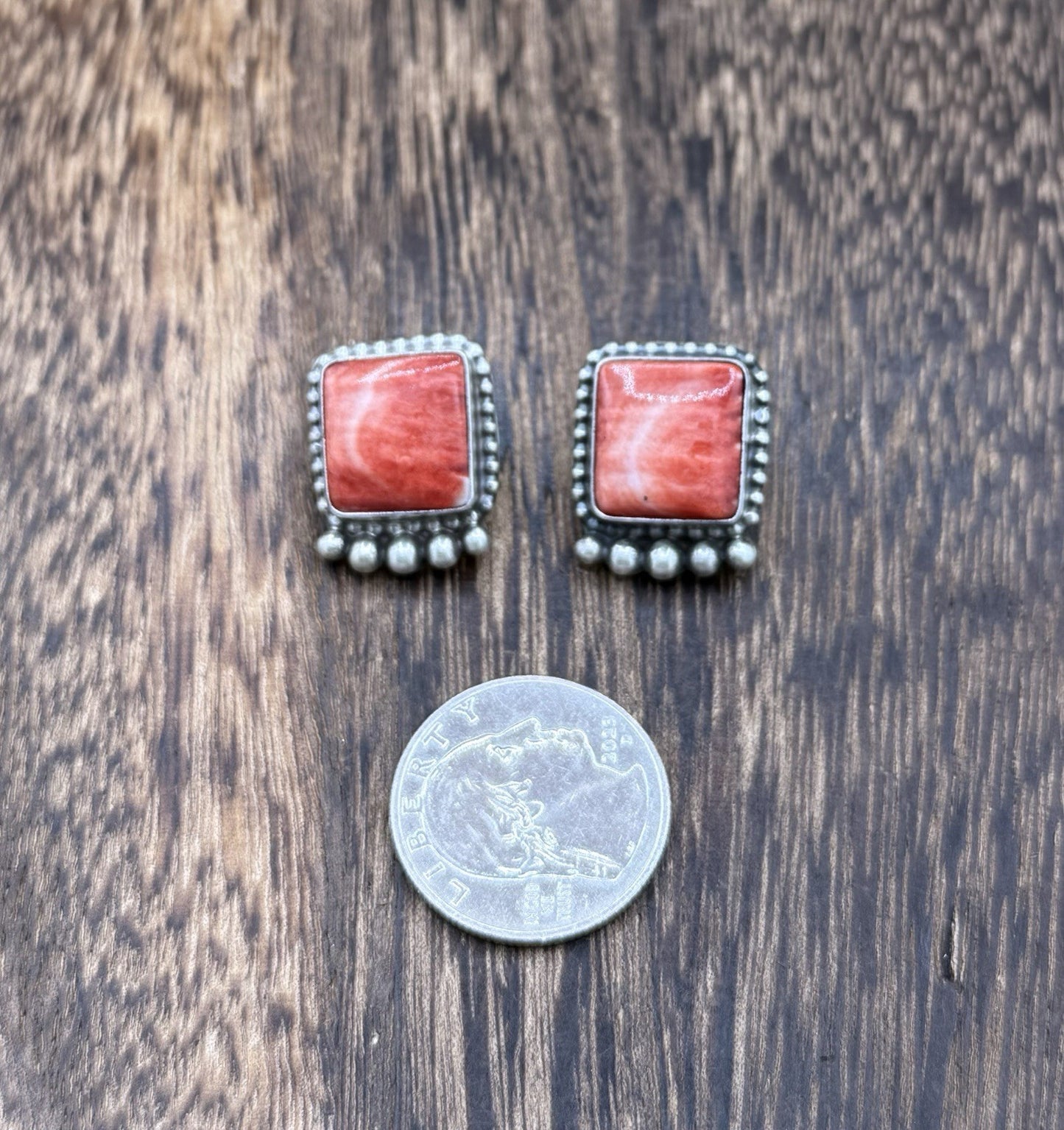 Native Navajo Handmade Sterling Silver Red Spiny Oyster Shell Post Stud Earrings