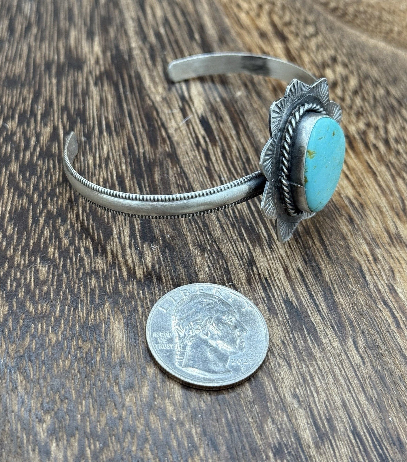 Native Navajo Handmade Sterling Silver Kingman Turquoise Cuff Stamped Bracelet