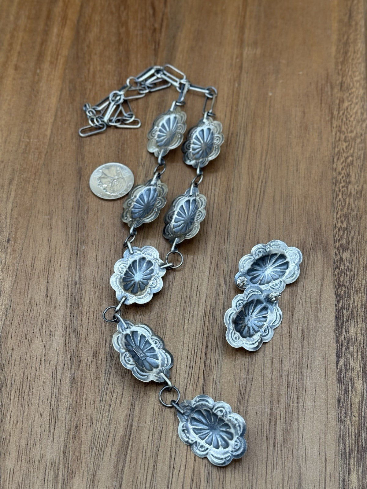 Navajo Handmade Sterling Silver Stamped Concho Turquoise Lariat Necklace Set 20”