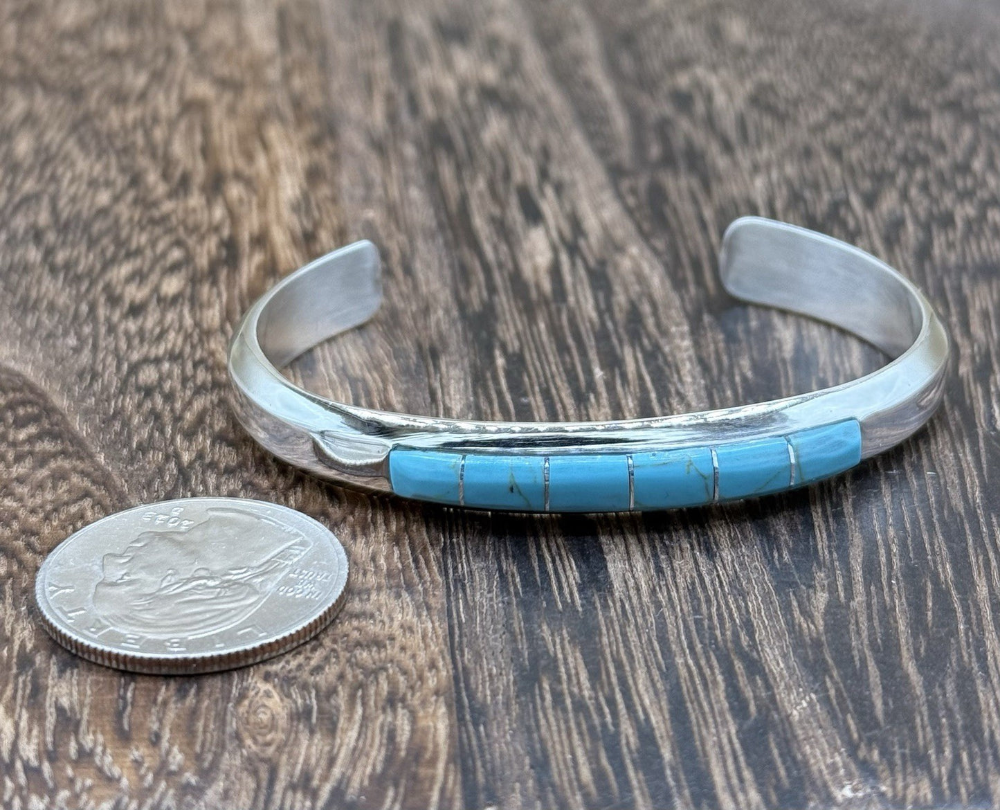 Navajo Handmade Sterling Silver Kingman Turquoise Inlay Bracelet Martha Living.