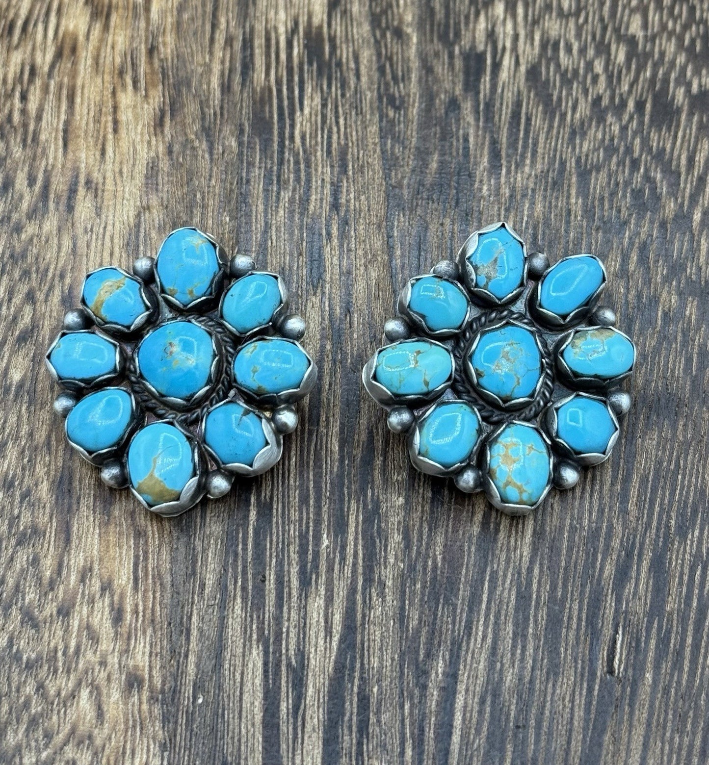 Native Navajo Handmade Sterling Silver Kingman Turquoise Cluster Post Earrings