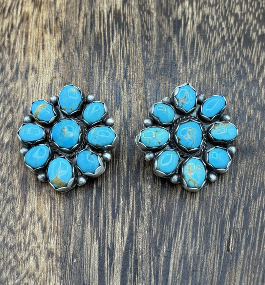 Native Navajo Handmade Sterling Silver Kingman Turquoise Cluster Post Earrings