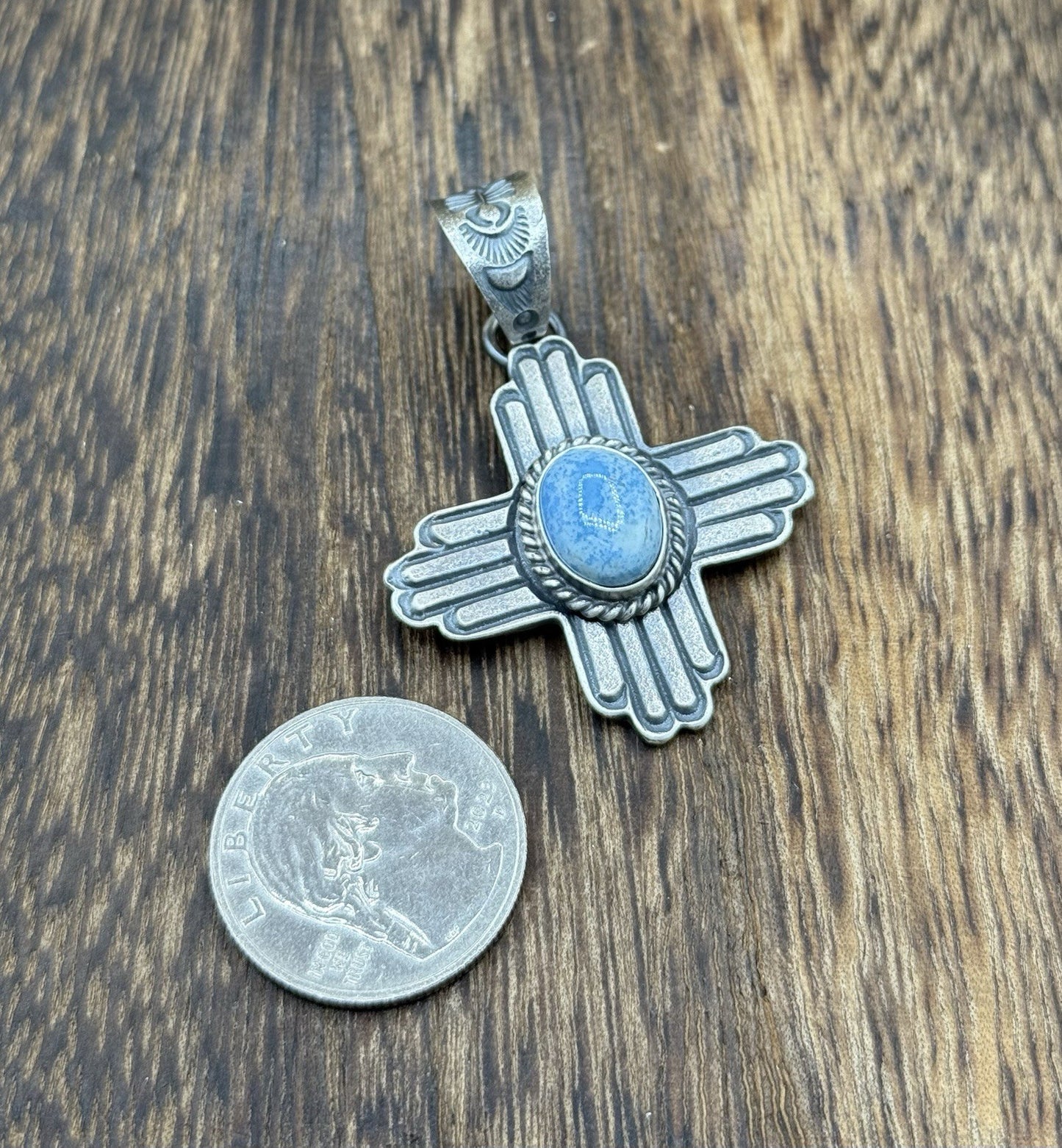 Navajo Handmade Sterling Silver Old Look Golden Hills Turquoise Zia Pendant