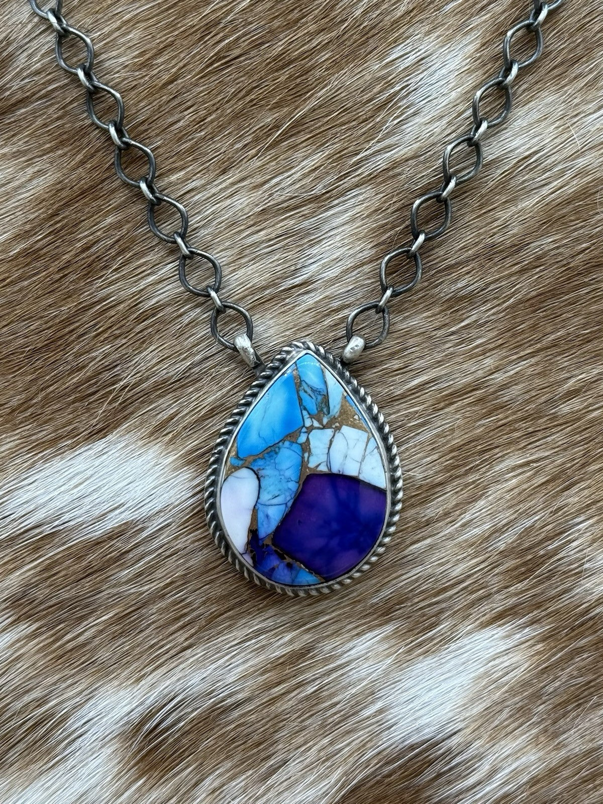 Navajo Handmade Sterling Silver Violet Rose & Blue Dahlia Bar Necklace 18”