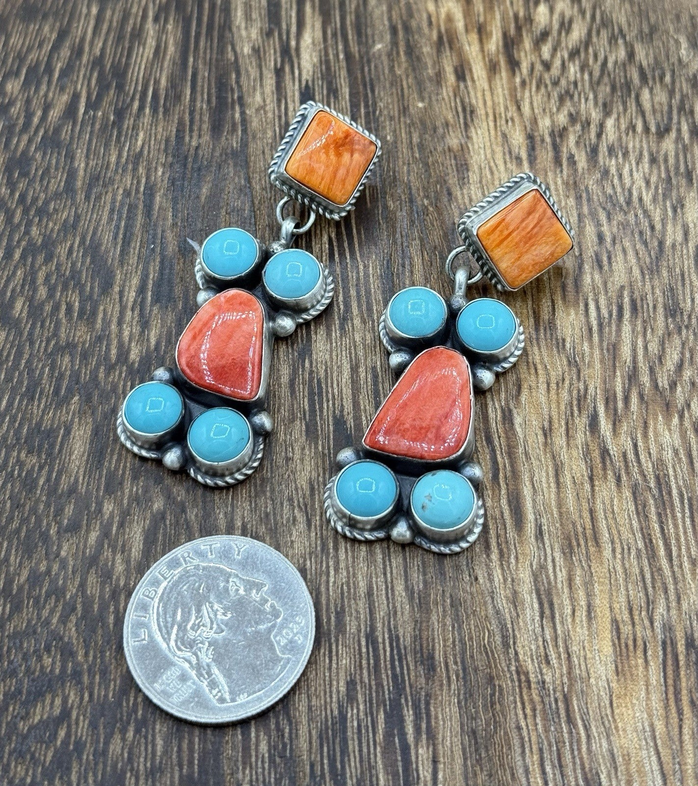 Navajo Handmade Sterling Silver Turquoise & Spiny Oyster Post Dangle Earrings