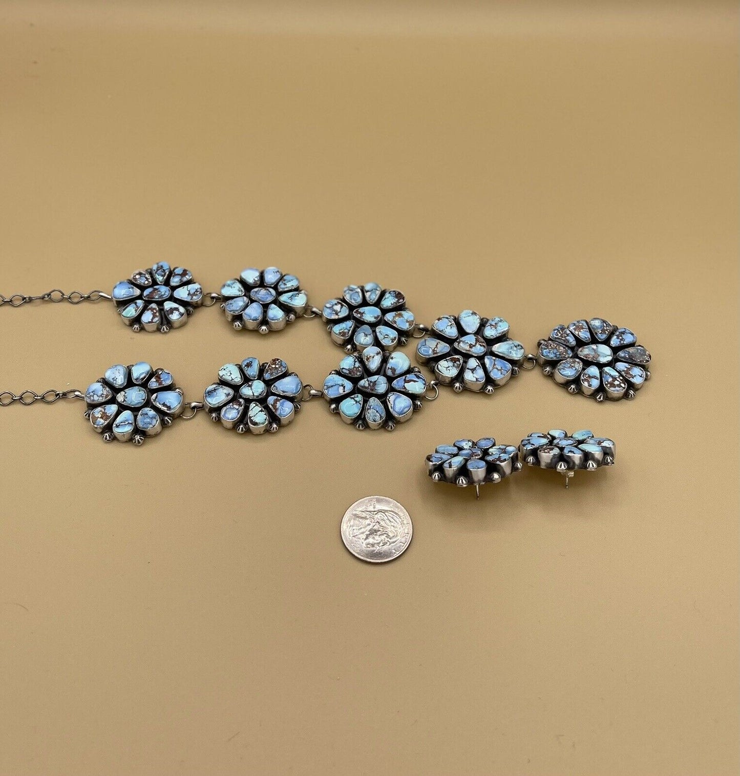 Native Navajo Handmade Silver Golden Hills Turquoise Cluster Lariat Necklace 24”