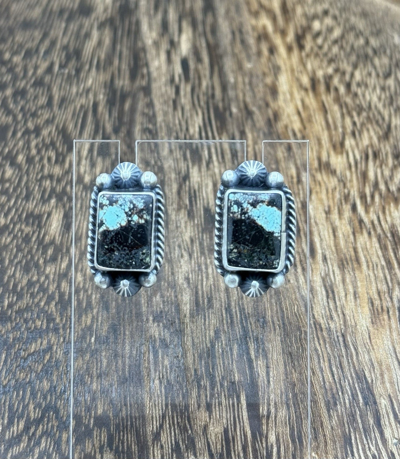Navajo Handmade Sterling Silver Blackjack Turquoise Old Look Post Stud Earrings