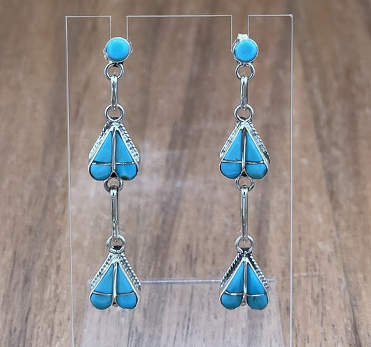 Native American Zuni Handmade Silver Inlay Turquoise Post Dangle Drop Earrings
