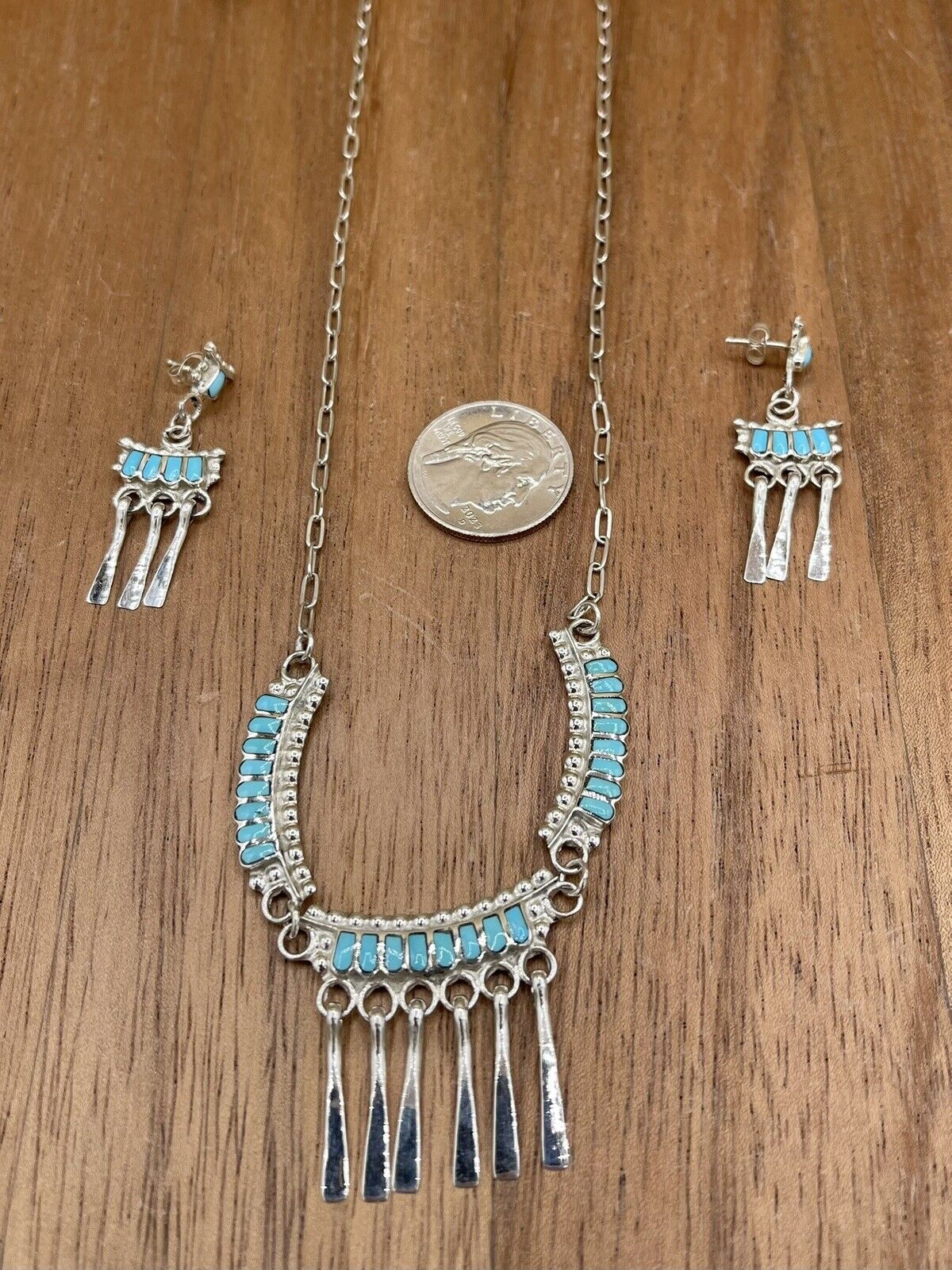 Native American Zuni handmade Sterling Silver Turquoise Inlay Dangle Necklace